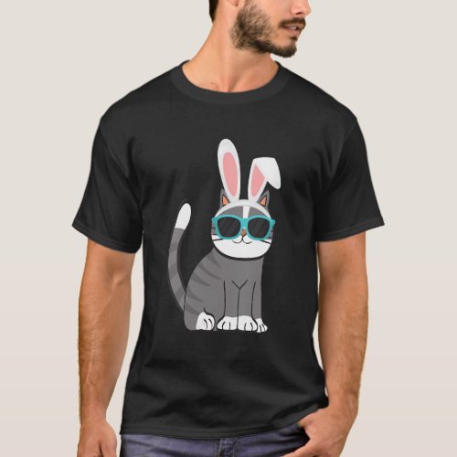 Happy Easter Cat With Bunny Ears And Glasses Cat T_Shirt