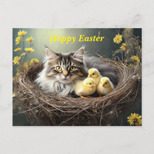 Happy Easter Cat with chicks  Postcard