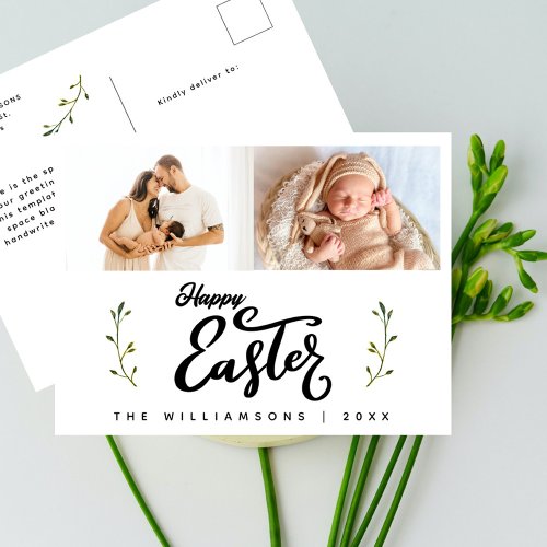 Happy Easter Chic Script Minimalist Two Photo Holiday Postcard