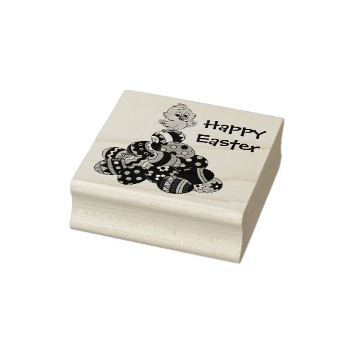 Happy Easter Chick and Eggs Rubber Stamp