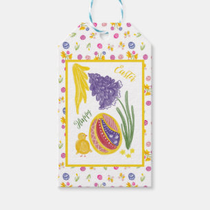 Happy Easter chick, egg, grape hyacinth pattern Gift Tags