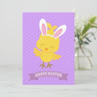 Happy Easter Chick Rabbit Ears Purple Yellow Cute  Holiday Card