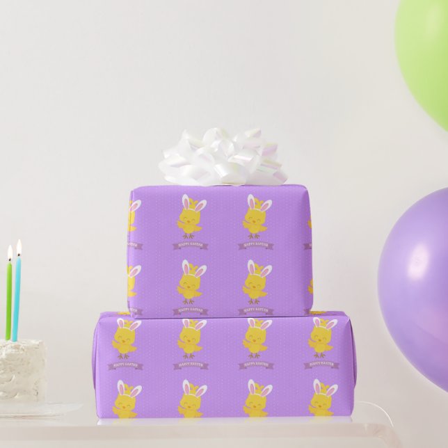 Happy Easter Chick Rabbit Ears Purple Yellow Cute  Wrapping Paper (Party Gifts)