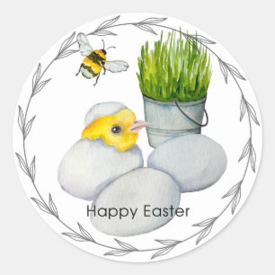 Happy Easter chicken and spring flowers Classic Round Sticker