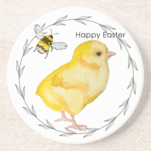 Happy Easter chicken and spring flowers Coaster