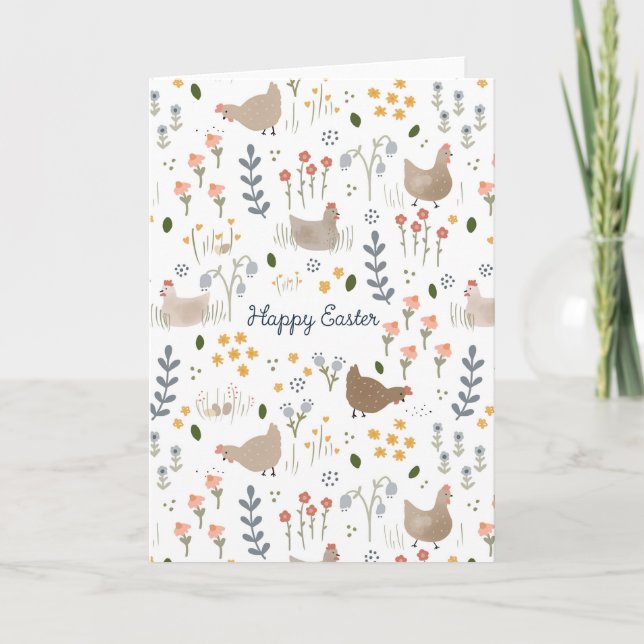 Happy Easter Chicken Country Wildflowers Greeting Card (Front)