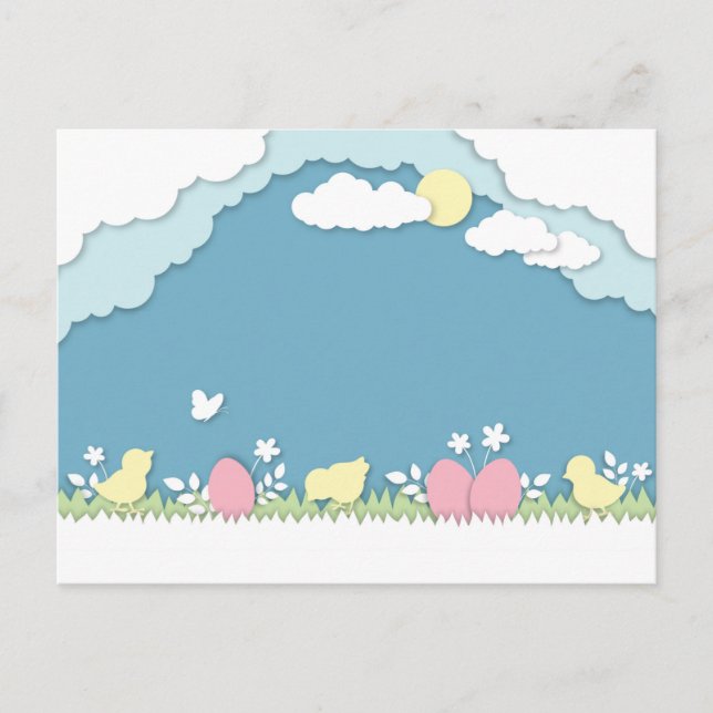 Happy easter chicks and egg, spring papercut postcard (Front)