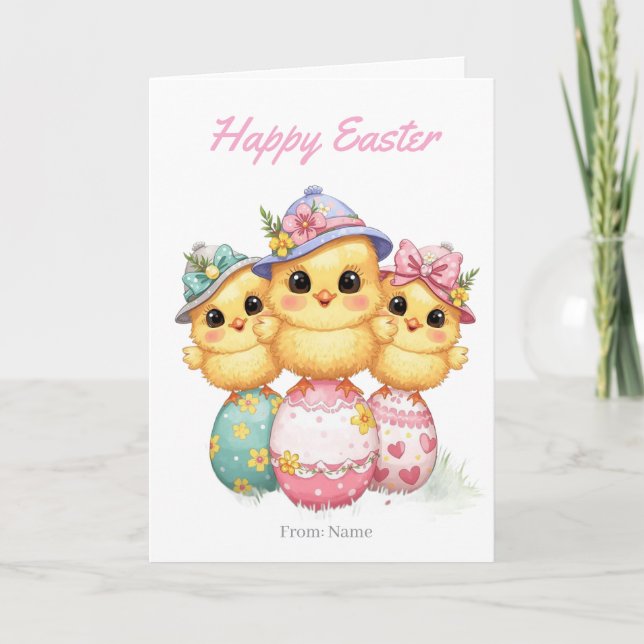 Happy Easter Chicks Card | Cute Hats & Eggs (Front)