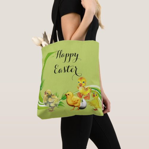 Happy Easter Chicks Egg Greenery Foliage Elegant Tote Bag