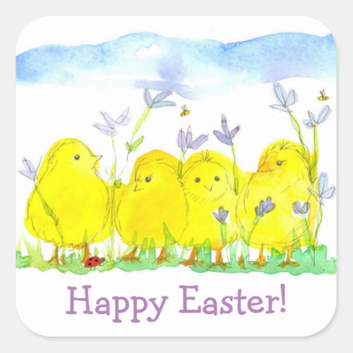 Happy Easter Chicks Lady Bug Square Sticker