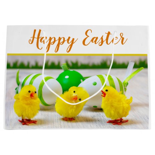Happy Easter chicks with egg yellow green orange Large Gift Bag