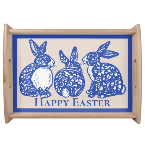 Happy Easter Chinoiserie Rabbit Blue White Bunny  Serving Tray
