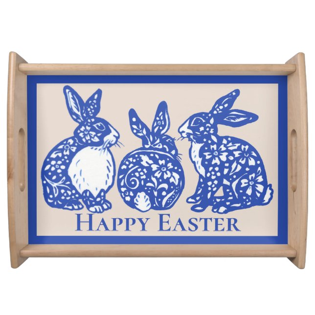 Happy Easter Chinoiserie Rabbit Blue White Bunny  Serving Tray (Front)