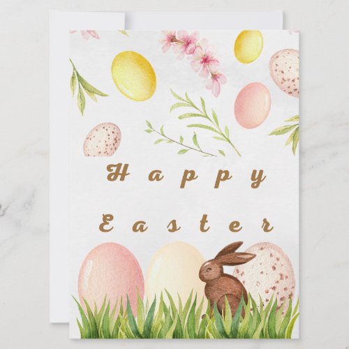 Happy Easter Chocolate Bunny Watercolor Eggs Flora Holiday Card