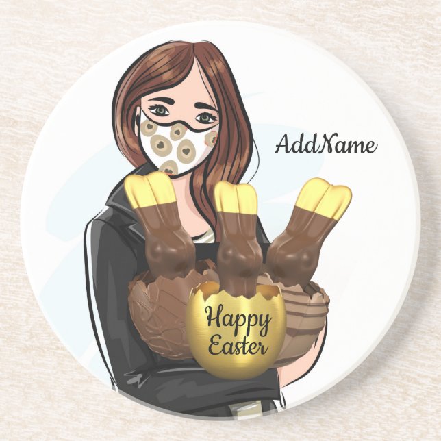Happy Easter Chocolate Eggs Add Name Sandstone Coaster (Front)