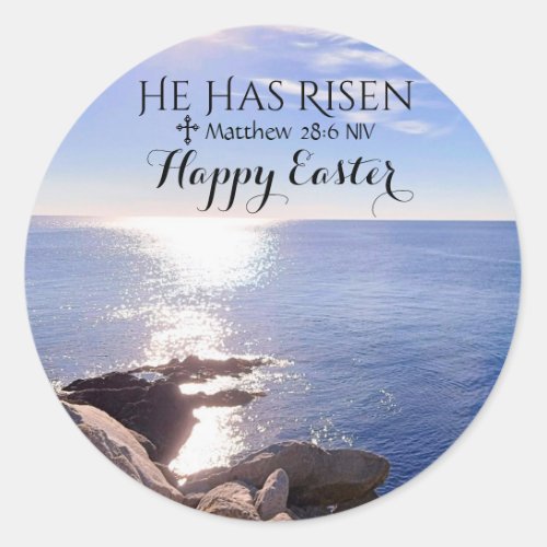 Happy Easter Christ has Risen Blue Ocean Photo Classic Round Sticker