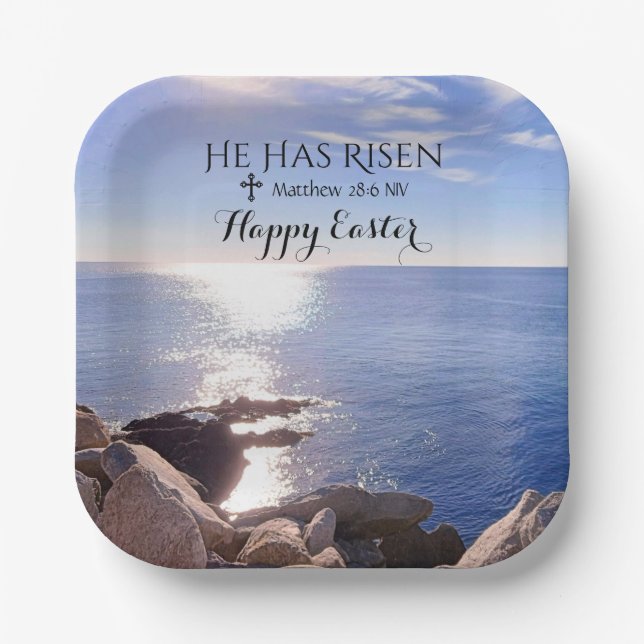 Happy Easter Christ has Risen Blue Ocean Photo Paper Plates (Front)