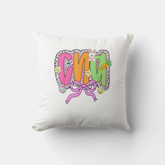 Happy Easter CNA Nurse Coquette Bow Bunny Eggs Wom Throw Pillow (Front)