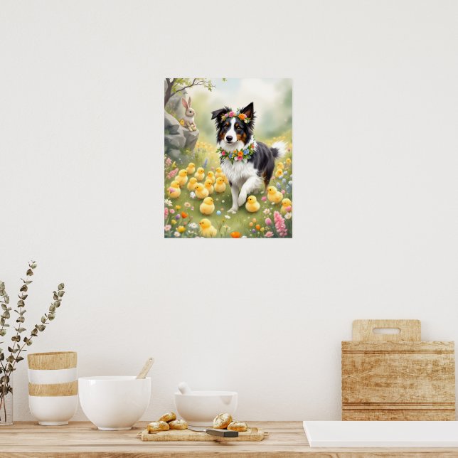Happy Easter Collie and Chicks Poster (Kitchen)