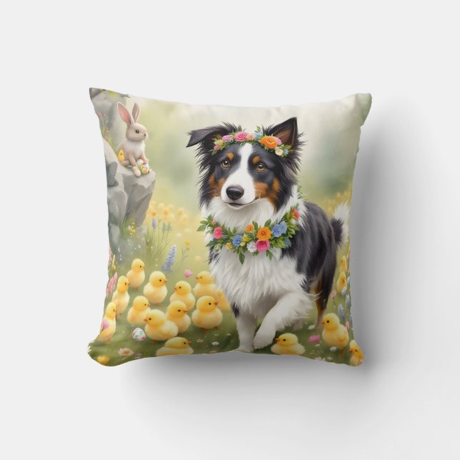 Happy Easter Collie and Chicks Throw Pillow (Front)