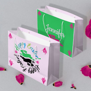 Happy Easter Color Blush Pink Black Green Bunnies Large Gift Bag