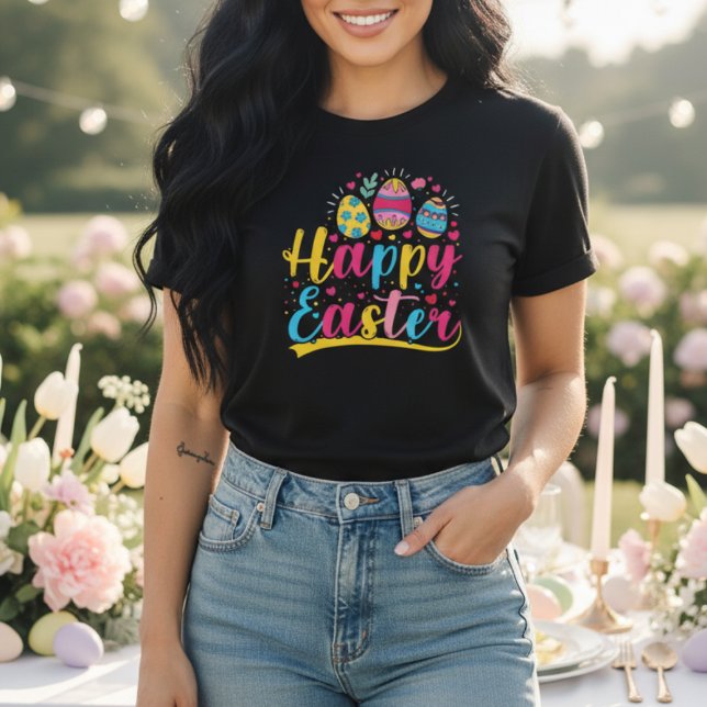 Happy Easter Colorful Bunny  Floral Egg T-Shirt (Happy Easter Colorful Eggs Fun Spring Graphic T-Shirt)