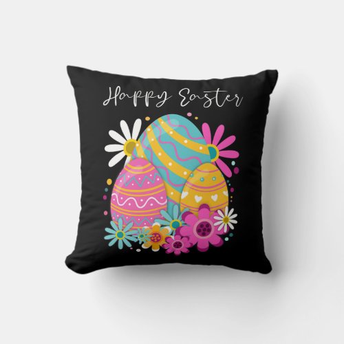 Happy Easter Colorful Daisies  Pretty Ester Eggs Throw Pillow