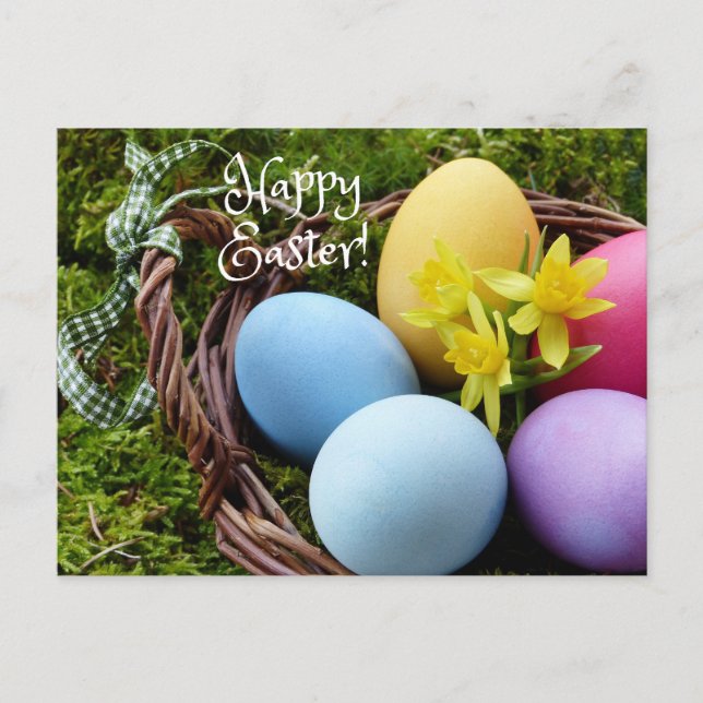 Happy Easter Colorful Easter Eggs Basket Postcard (Front)