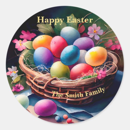 Happy easter colorful easter eggs classic round sticker