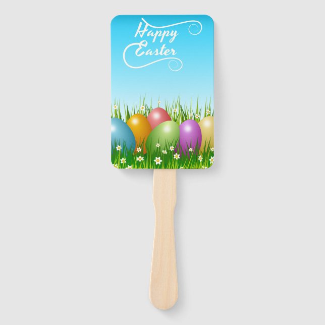 "HAPPY EASTER" COLORFUL EASTER EGGS HAND FAN (Front)