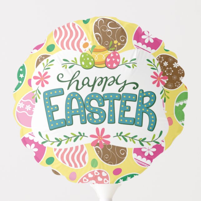Happy Easter Colorful Easter Eggs Pattern Yellow Balloon (Front)