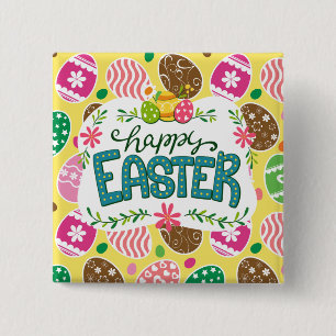 Happy Easter Colorful Easter Eggs Pattern Yellow Button
