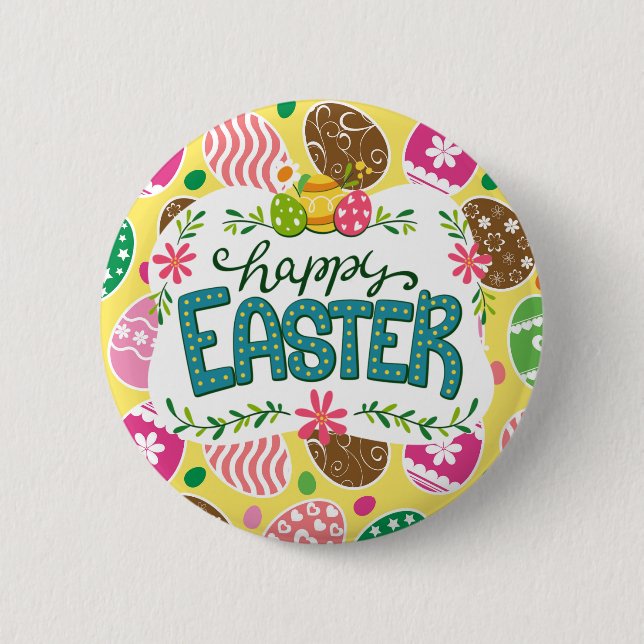 Happy Easter Colorful Easter Eggs Pattern Yellow Button (Front)
