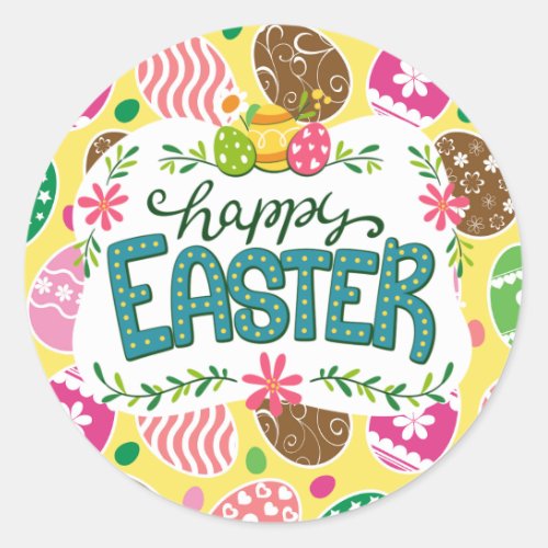 Happy Easter Colorful Easter Eggs Pattern Yellow Classic Round Sticker