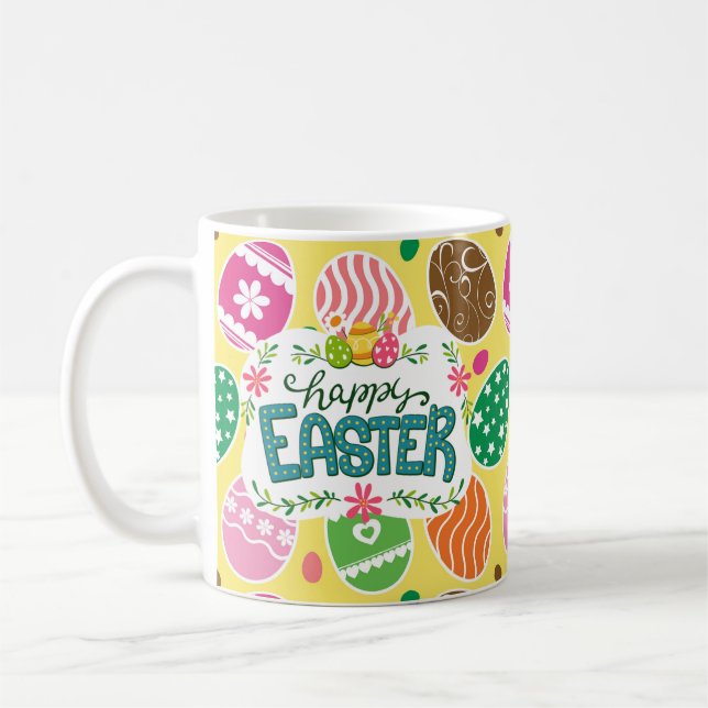 Happy Easter Colorful Easter Eggs Pattern Yellow Coffee Mug (Left)