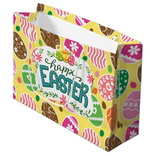 Happy Easter Colorful Easter Eggs Pattern Yellow Large Gift Bag
