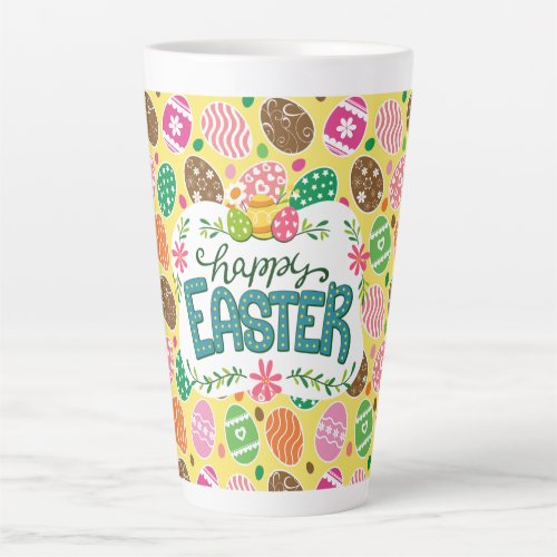 Happy Easter Colorful Easter Eggs Pattern Yellow Latte Mug