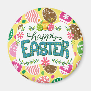 Happy Easter Colorful Easter Eggs Pattern Yellow Magnet