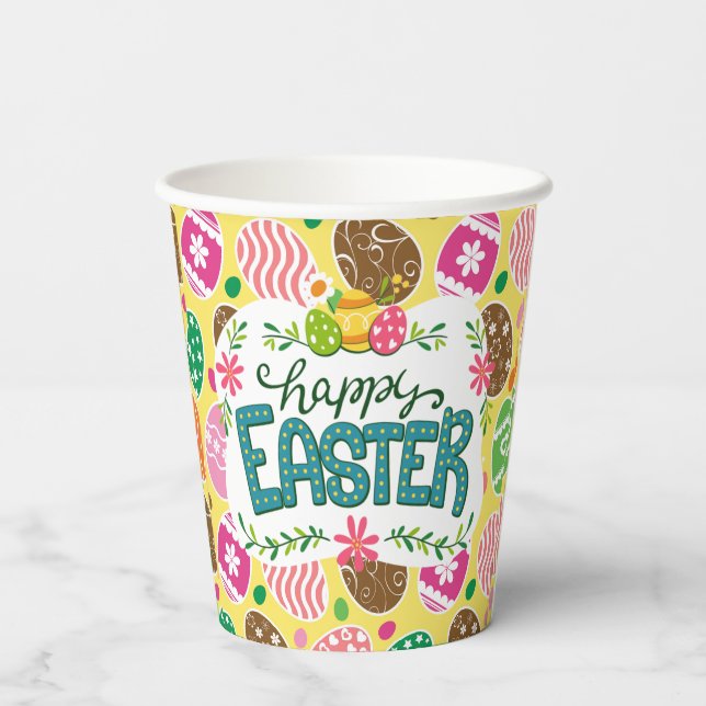 Happy Easter Colorful Easter Eggs Pattern Yellow Paper Cups (Back)