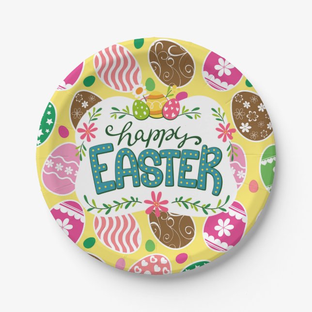 Happy Easter Colorful Easter Eggs Pattern Yellow Paper Plates (Front)