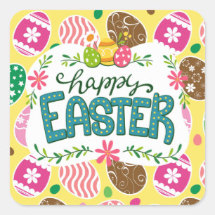 Happy Easter Colorful Easter Eggs Pattern Yellow Square Sticker