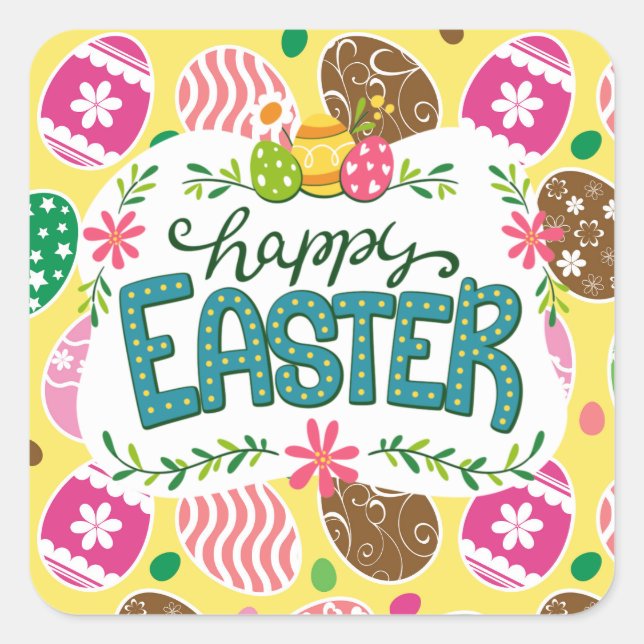 Happy Easter Colorful Easter Eggs Pattern Yellow Square Sticker (Front)