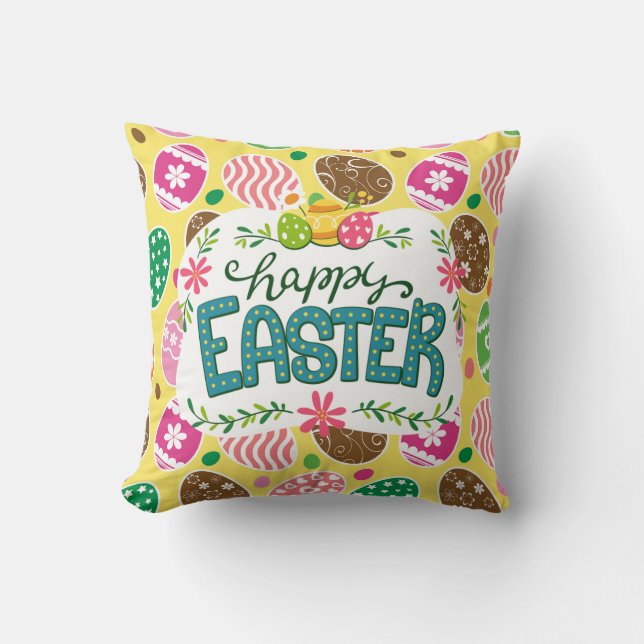 Happy Easter Colorful Easter Eggs Pattern Yellow Throw Pillow (Front)