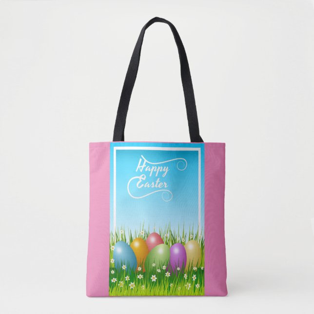 "HAPPY EASTER" COLORFUL EASTER EGGS TOTE BAG (Front)