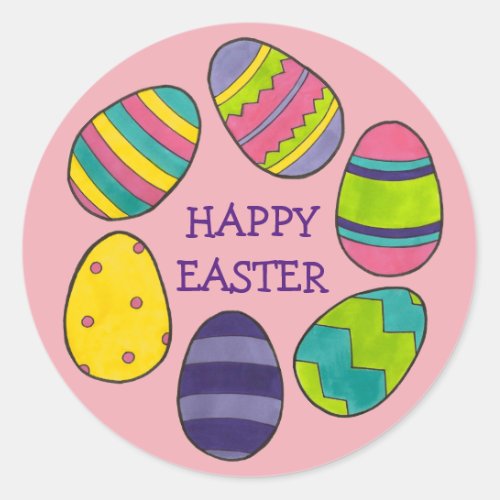 Happy Easter Colorful Egg Hunt Painted Eggs Classic Round Sticker