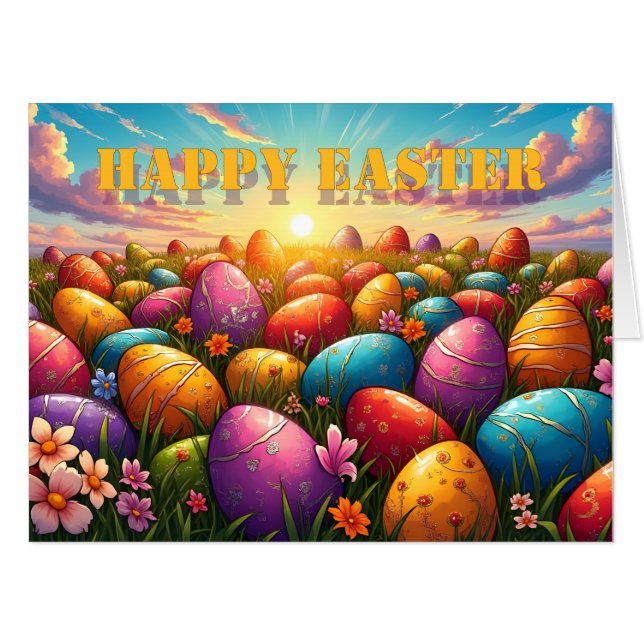 Happy Easter Colorful Eggs in Spring Meadow Card (Front Horizontal)