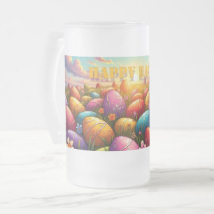 Happy Easter Colorful Eggs in Spring Meadow Frosted Glass Beer Mug