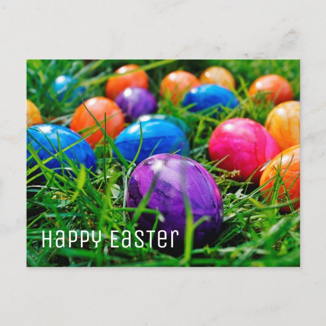 Happy Easter Colorful Eggs on Grass Photo Postcard (Front)