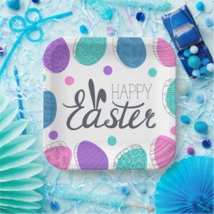 Happy Easter Colorful Modern Eggs Typography Paper Plates