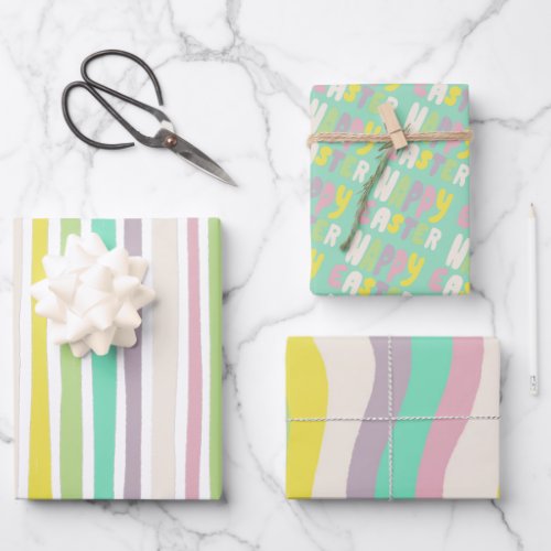  Happy Easter Colorful Modern Stripes Pastel Wrapping Paper Sheets